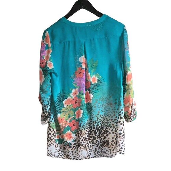 Soft Surroundings Blouse Womens Medium Green Semi Sheer Gauzy Tropical Tunic - Picture 7 of 10